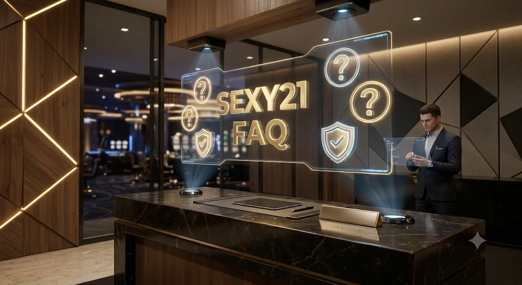 ภาพ 3D ศูนย์บริการลูกค้า VIP ของ SEXY21 แสดงสัญลักษณ์คำถามที่พบบ่อยและระบบความปลอดภัยระดับสากล