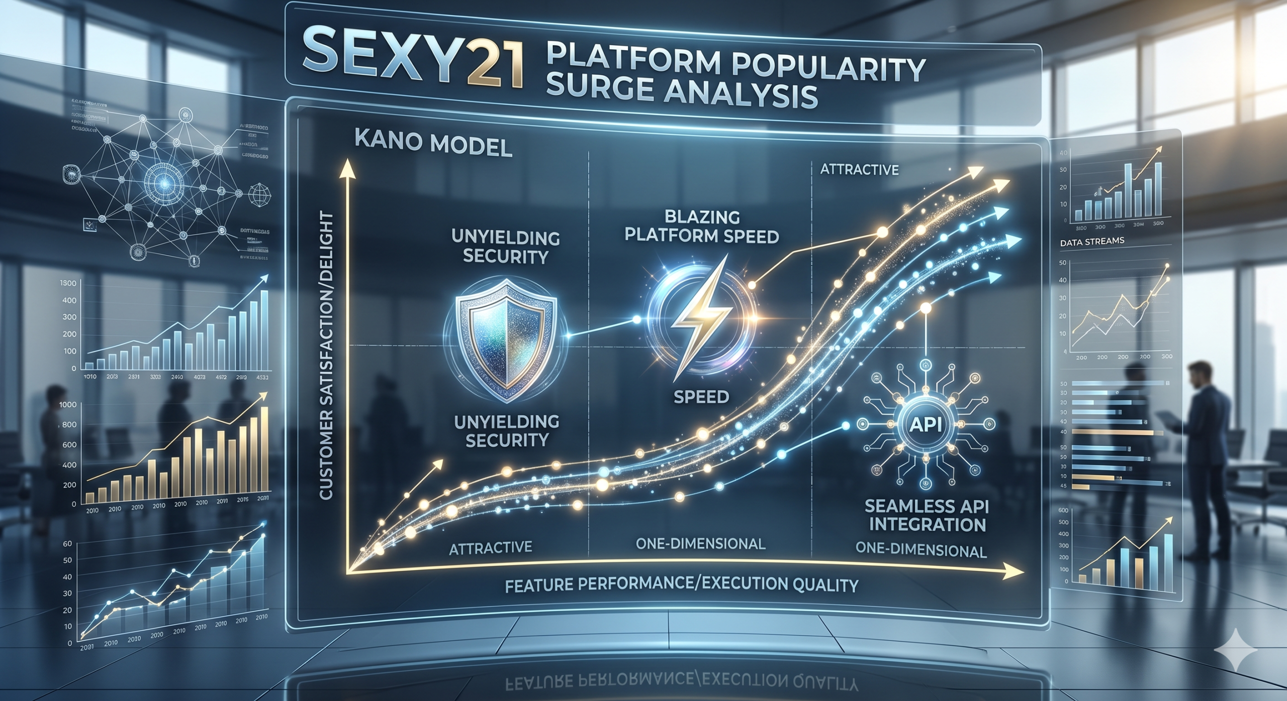 กราฟิกวิเคราะห์ทฤษฎี Kano Model ที่อธิบายเหตุผลว่าทำไมแพลตฟอร์ม SEXY21 ถึงได้รับความนิยม